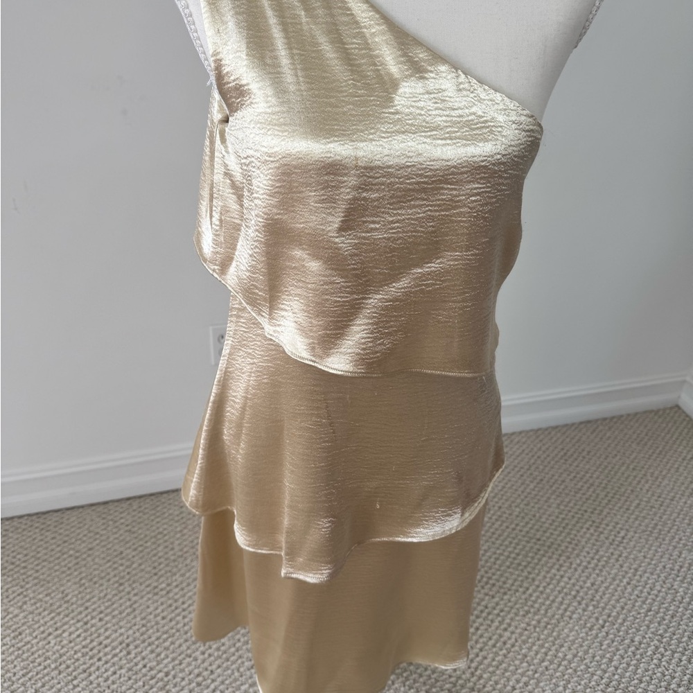 Ava & Aiden Shimmering Gold One-Shoulder Dress